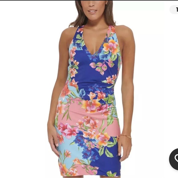 Guess Women's Printed V-Neck Sleeveless Dress, Blue/Coral/Multi Size 2 reg $188 - Picture 3 of 13